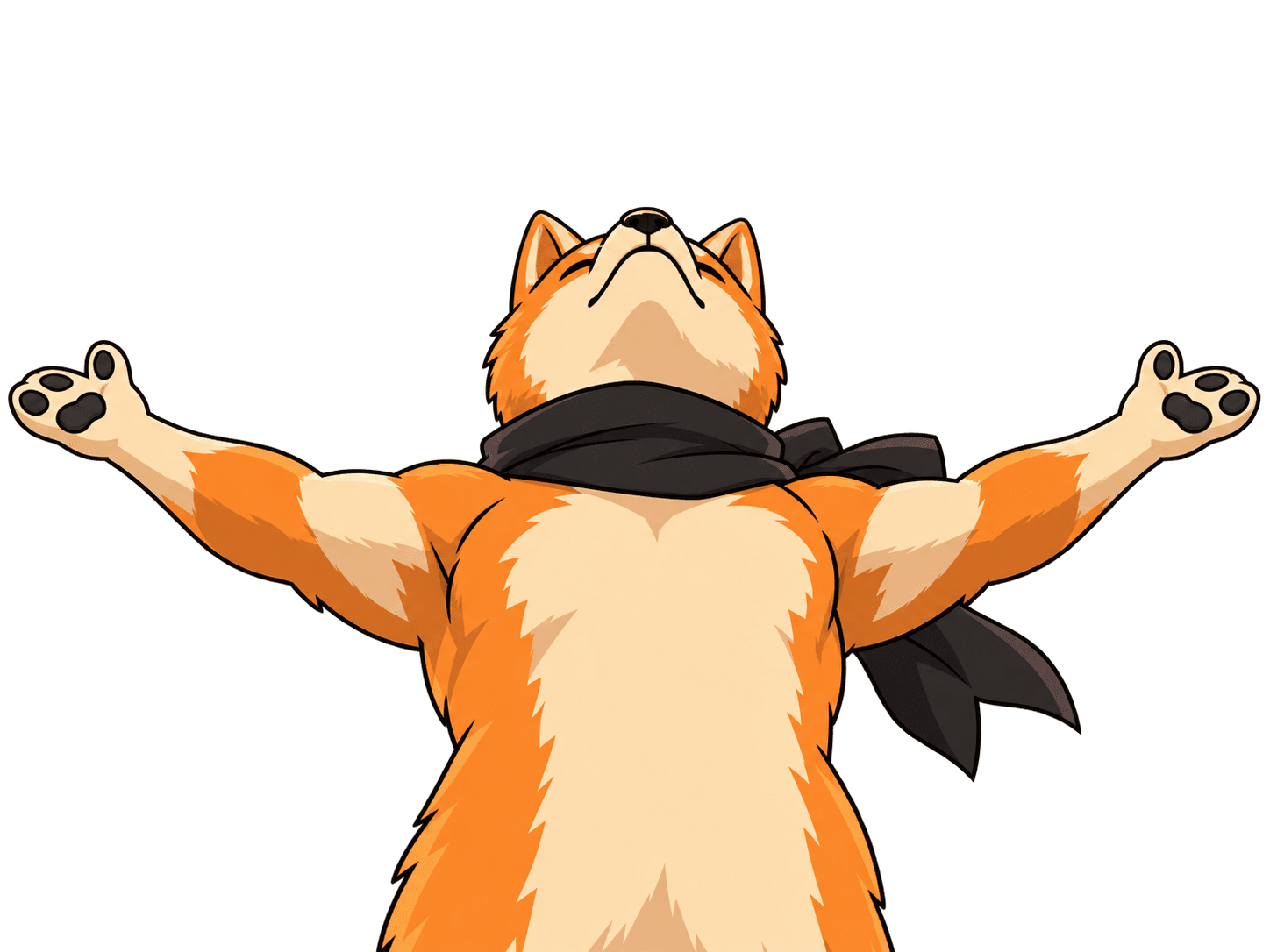 The Dog INU, arms wide, scarf flowing, head to the sky