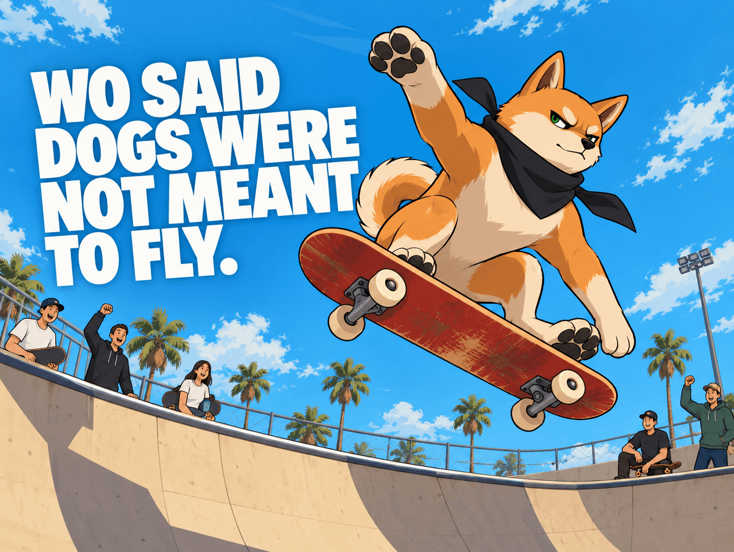 Dog INU mid-air on a skateboard: who said dogs were not meant to fly