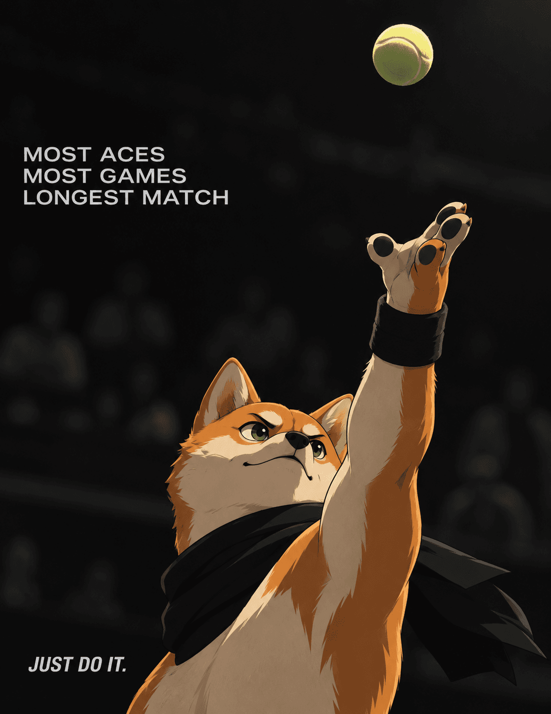 Dog INU tossing a tennis ball for a serve