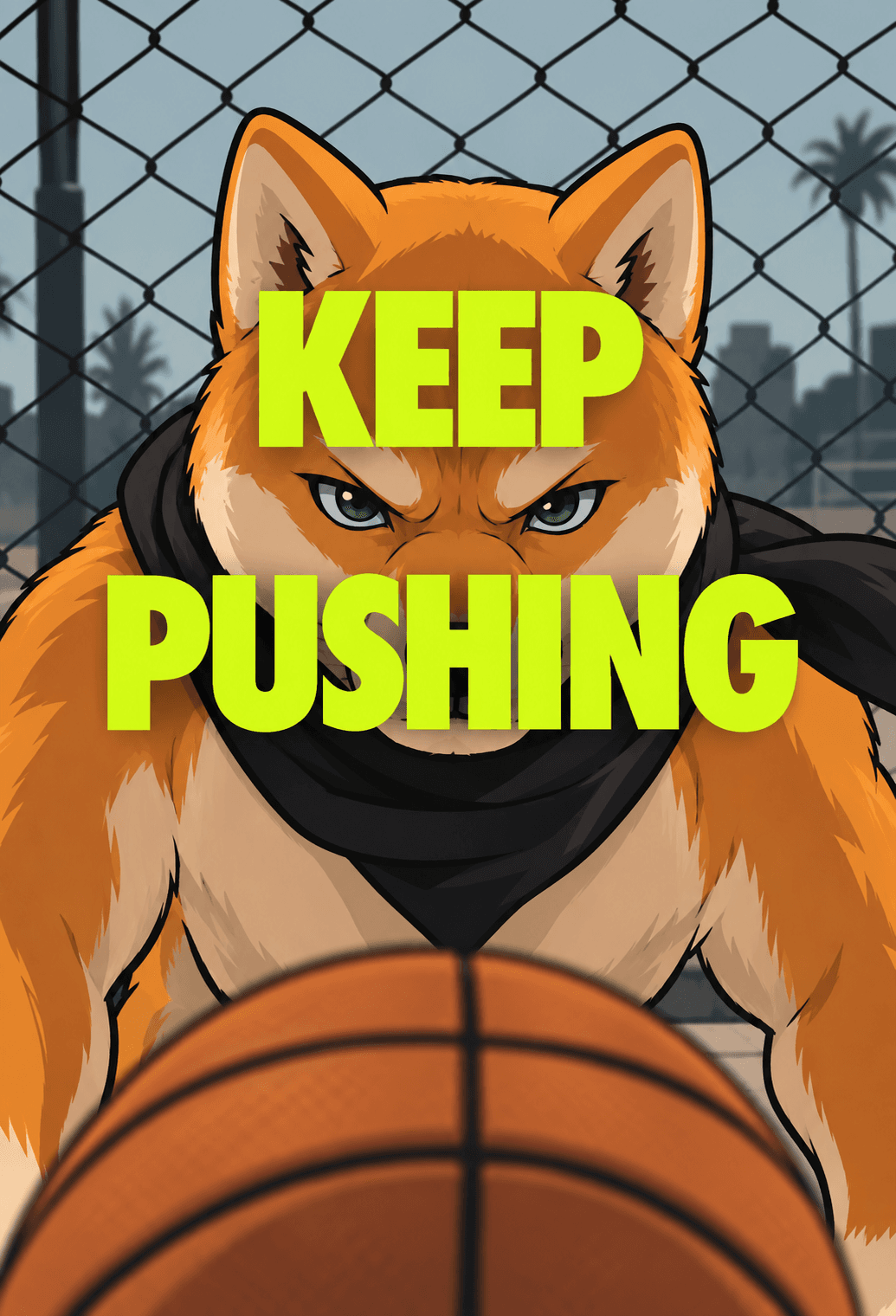 Dog INU staring over a basketball: keep pushing