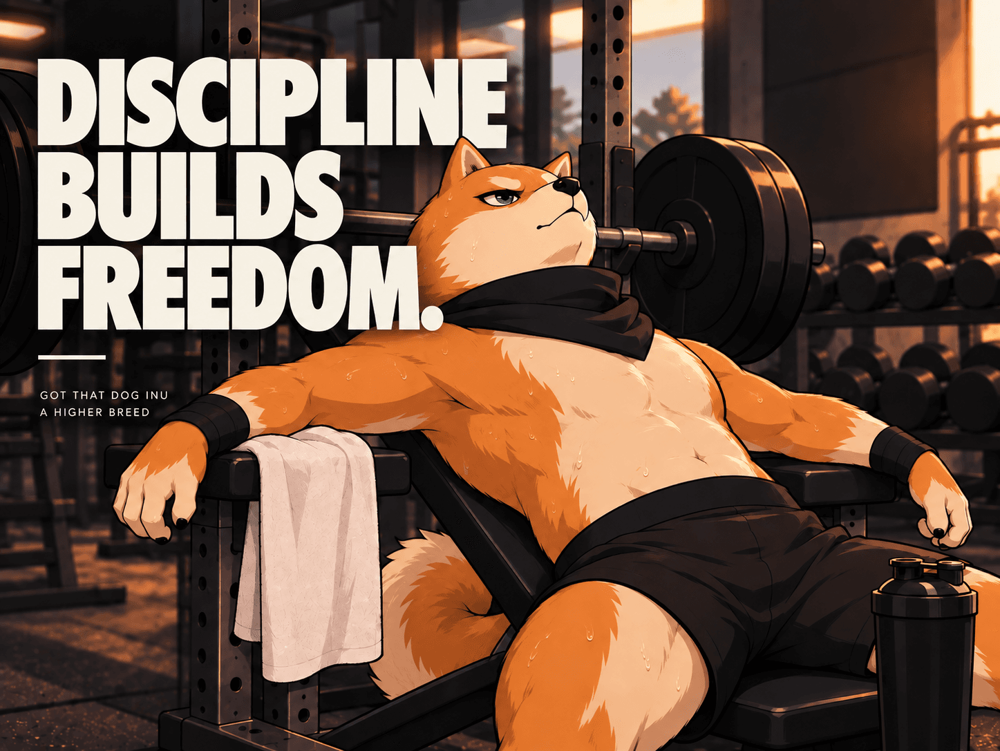 Dog INU on a gym bench: discipline builds freedom